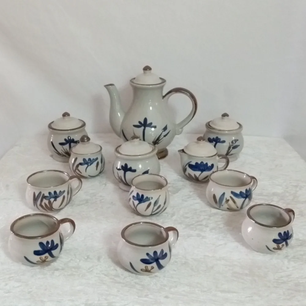 Vintage Japanese Blue Lotus Stoneware Coffee & Tea Set 12 Pc